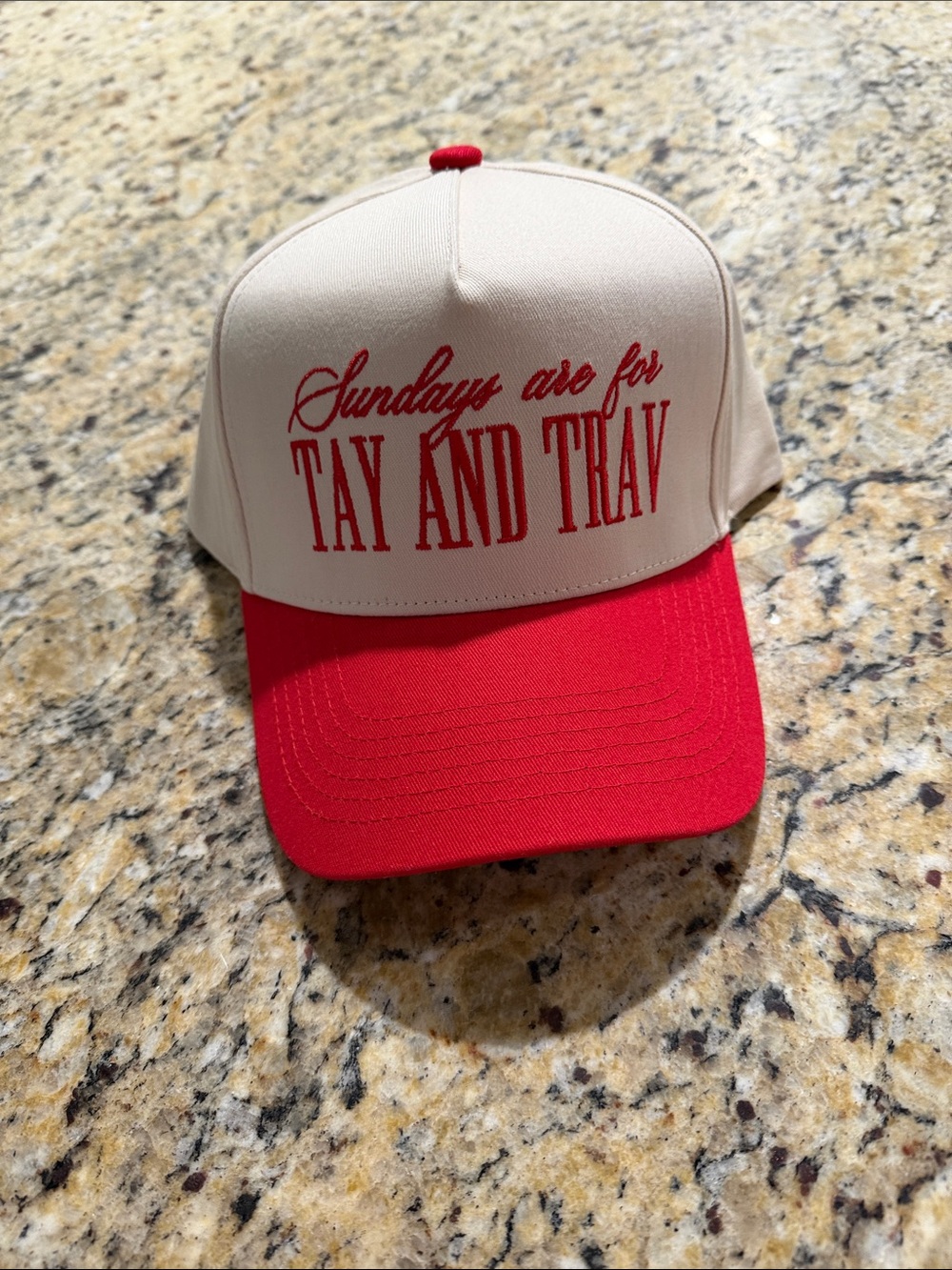 Sundays Are For Tay and Trav Beige and Red Trucker Hat